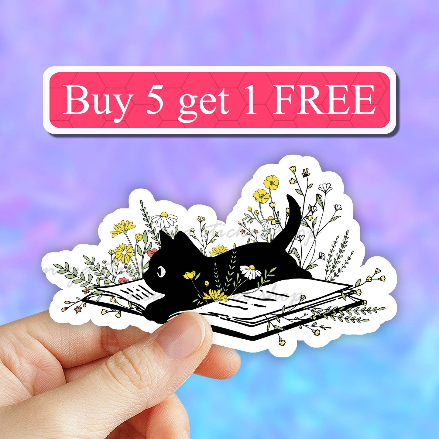 Neya Sticker Shop - Flower book black cat Vinyl Sticker, Cat mom, reading decals: 3" (Standard)