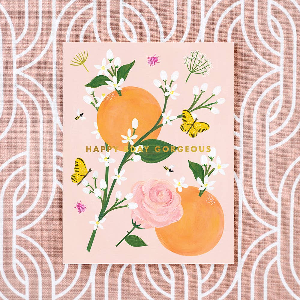 Girl w/ Knife - Birthday Blossoms Greeting Card (gold foil)