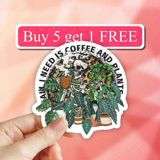 Neya Sticker Shop - All I need is coffee and plants skeleton sticker, car decal: 3" (Standard)