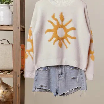 Cozy Knit Sweater with Bold Yellow Sun Patch: Ivory