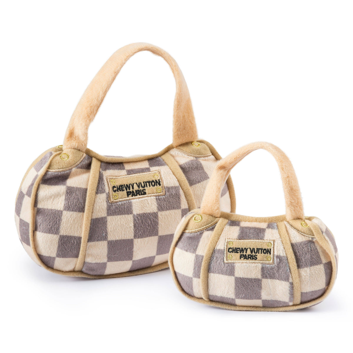 Haute Diggity Dog - Tan Checker Chewy Vuiton Handbag | Plush Squeaker Dog Toy: Small / Mini