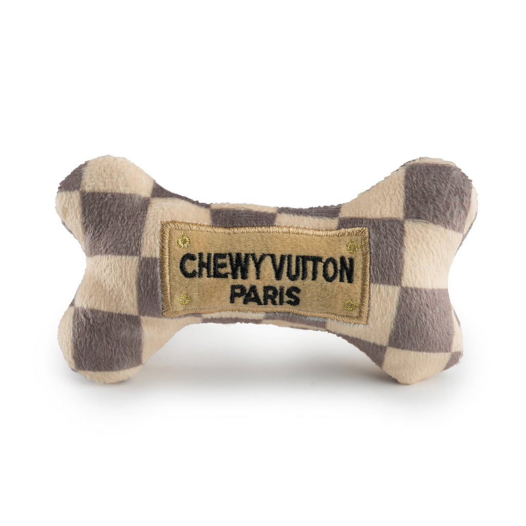 Haute Diggity Dog - Tan Checker Chewy Vuiton Bones | Plush Squeaker Dog Toy: Small / Mini