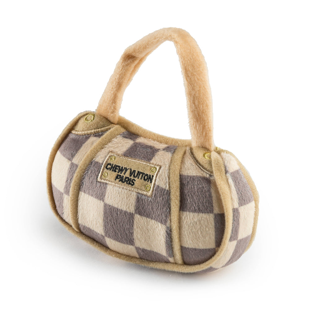 Haute Diggity Dog - Tan Checker Chewy Vuiton Handbag | Plush Squeaker Dog Toy: Small / Mini