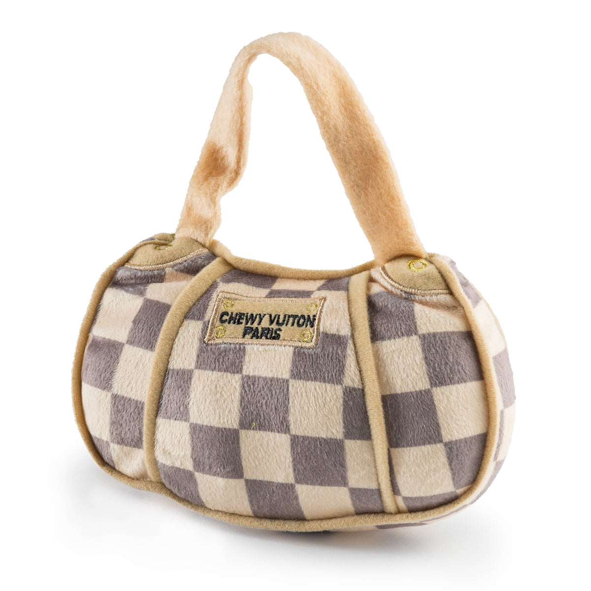 Haute Diggity Dog - Tan Checker Chewy Vuiton Handbag | Plush Squeaker Dog Toy: Small / Mini