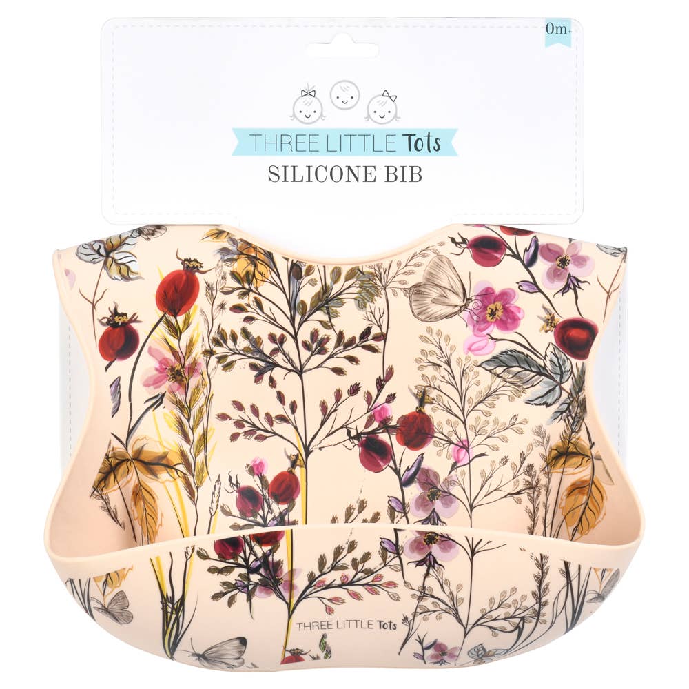 Three Little Tots - Flower Print Silicone Bib with Crumb Catcher