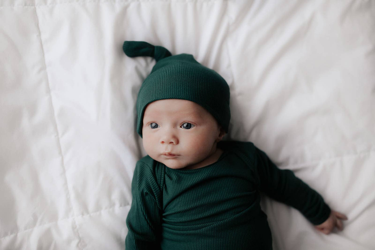 Three Little Tots - Forest Green Ribbed Knotted Gown: Gown & Hat