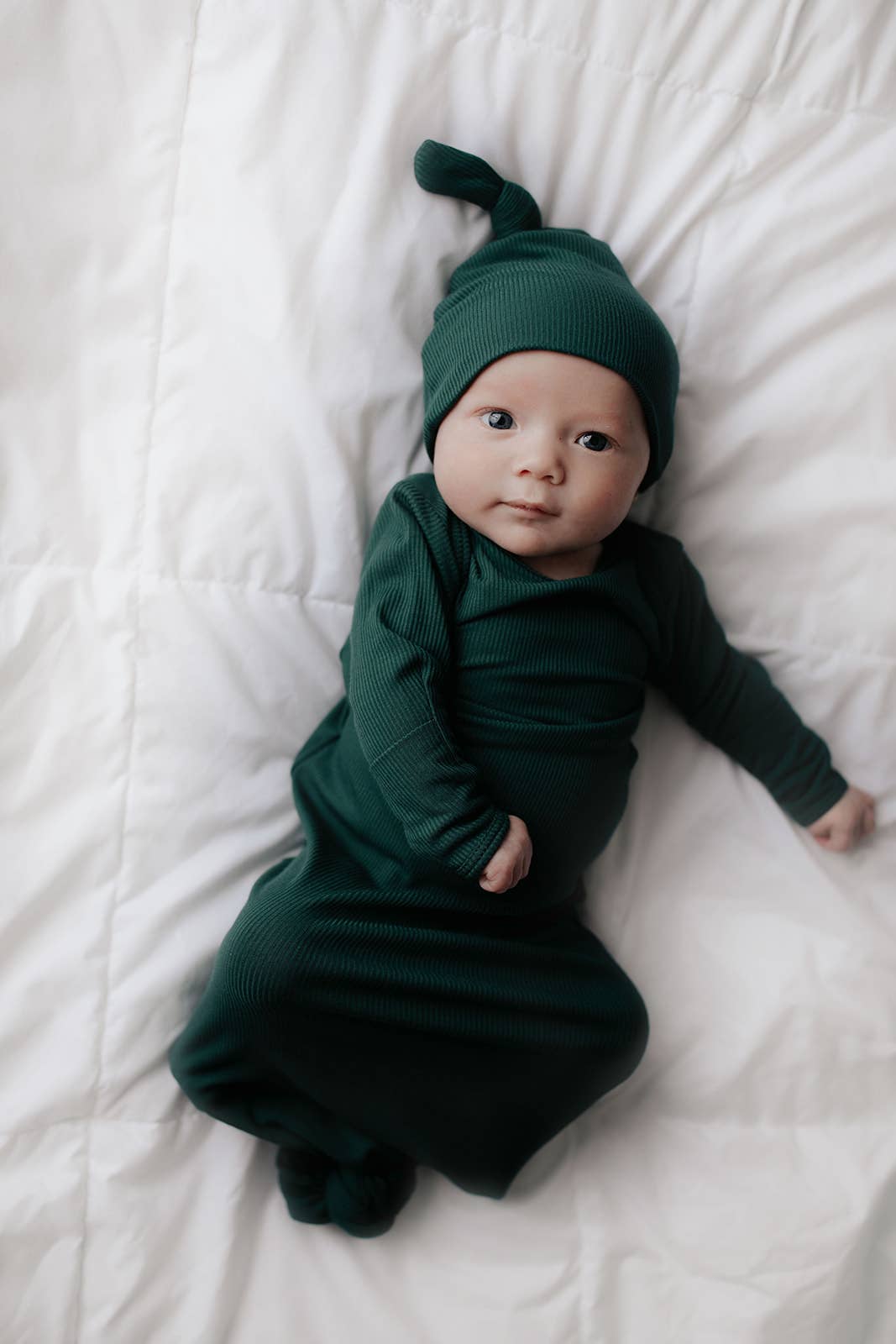 Three Little Tots - Forest Green Ribbed Knotted Gown: Gown & Hat
