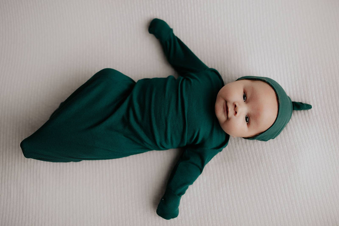 Three Little Tots - Forest Green Ribbed Knotted Gown: Gown & Hat