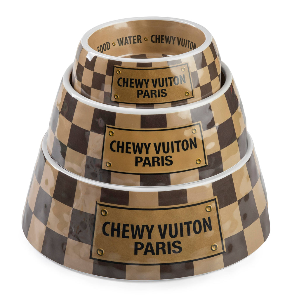Haute Diggity Dog - Tan Checker Chewy Vuiton Bowl - Cat or Dog Bowls: Small