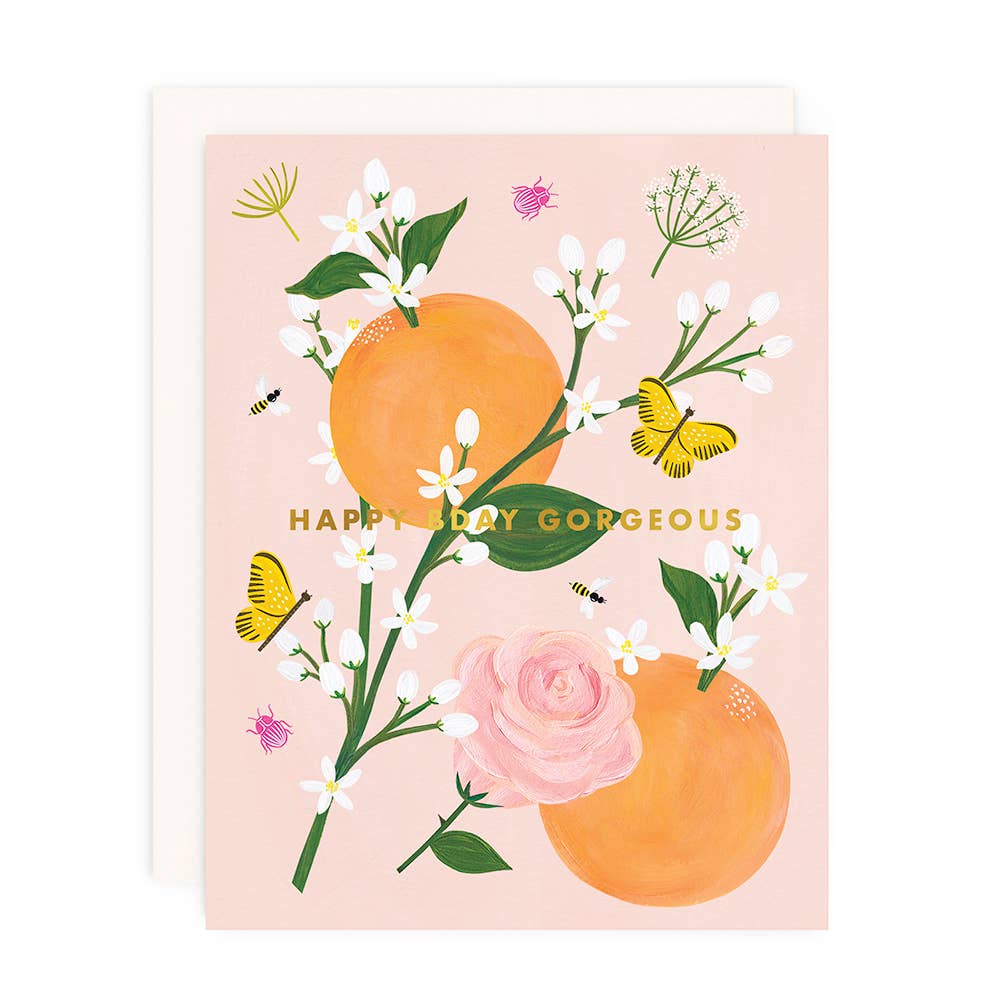 Girl w/ Knife - Birthday Blossoms Greeting Card (gold foil)