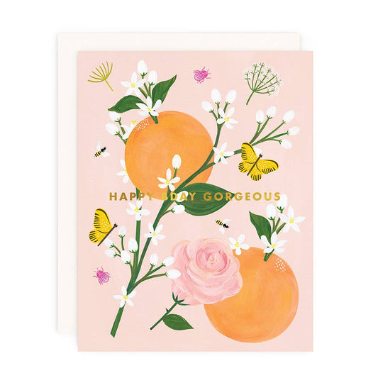 Girl w/ Knife - Birthday Blossoms Greeting Card (gold foil)
