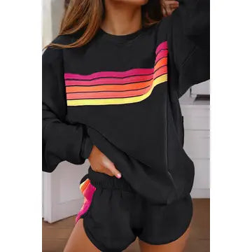 Color Contrast Trim Long Sleeve Top and Shorts Set: Black