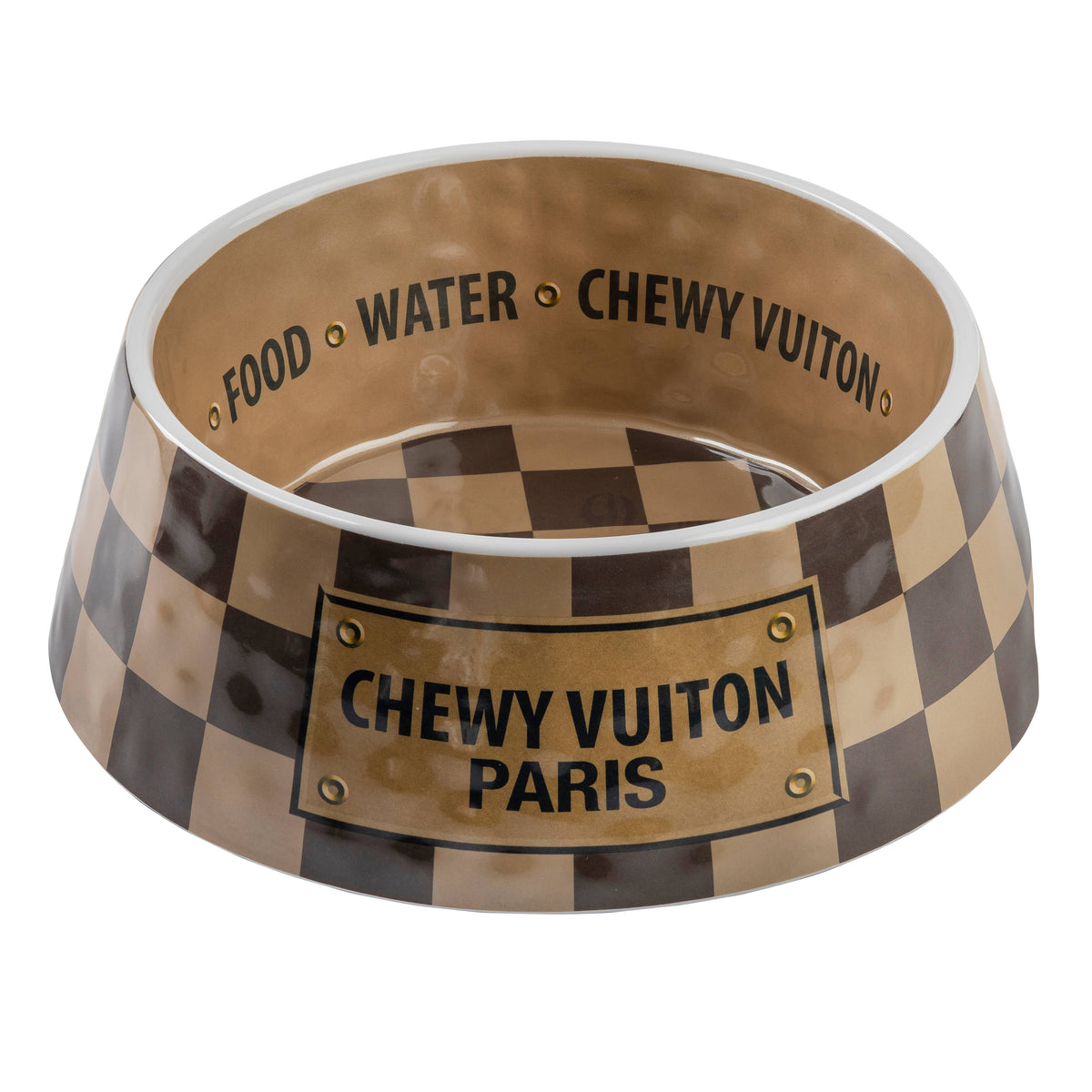 Haute Diggity Dog - Tan Checker Chewy Vuiton Bowl - Cat or Dog Bowls: Small