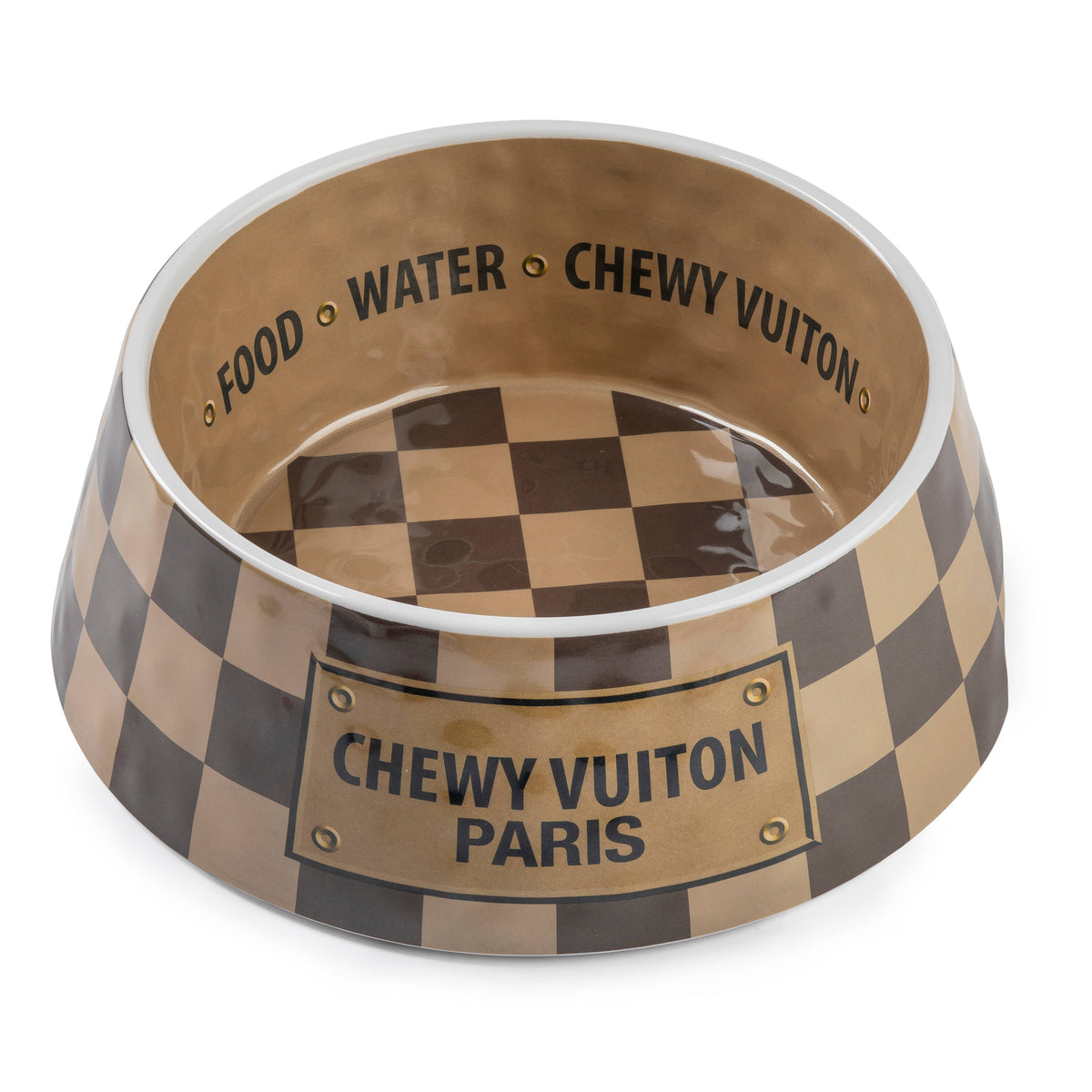 Haute Diggity Dog - Tan Checker Chewy Vuiton Bowl - Cat or Dog Bowls: Small
