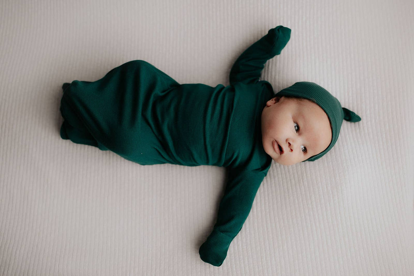 Three Little Tots - Forest Green Ribbed Knotted Gown: Gown & Hat