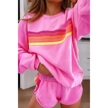 Color Contrast Trim Long Sleeve Top and Shorts Set: Hot Pink