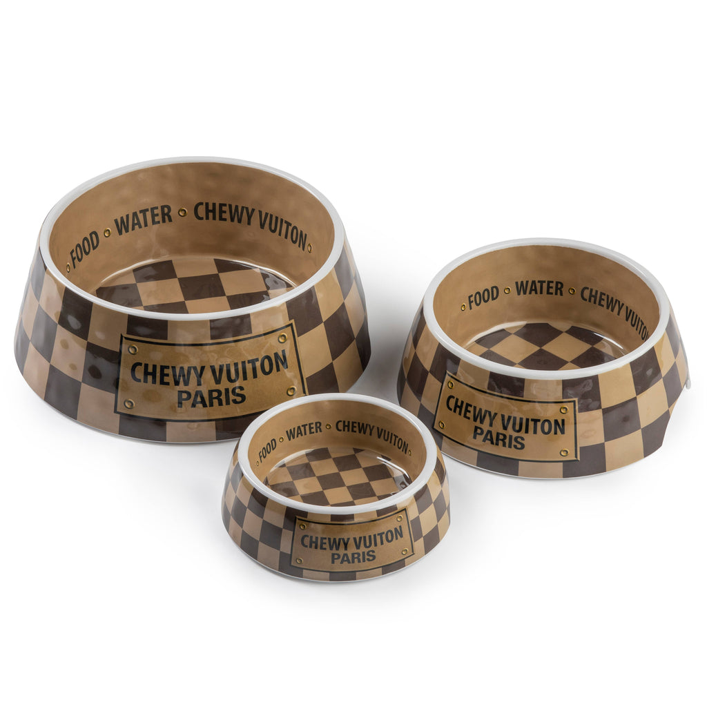 Haute Diggity Dog - Tan Checker Chewy Vuiton Bowl - Cat or Dog Bowls: Small