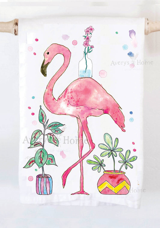 Avery's Home - Happy Flamingo With Plants Kitchen Towel